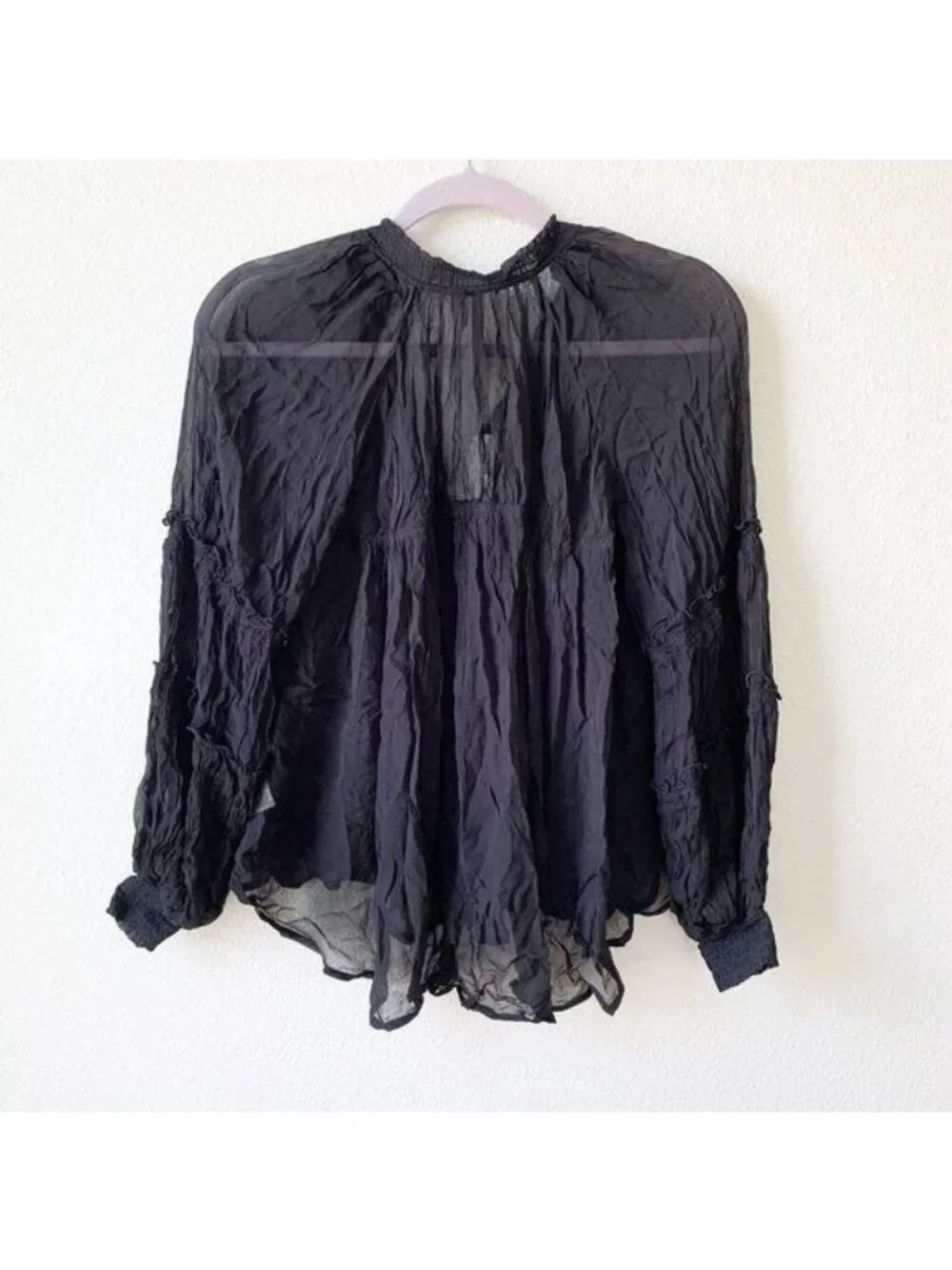 Free People Black Sheer Balloon Sleeve Blouse Women's X-Small XS NWT